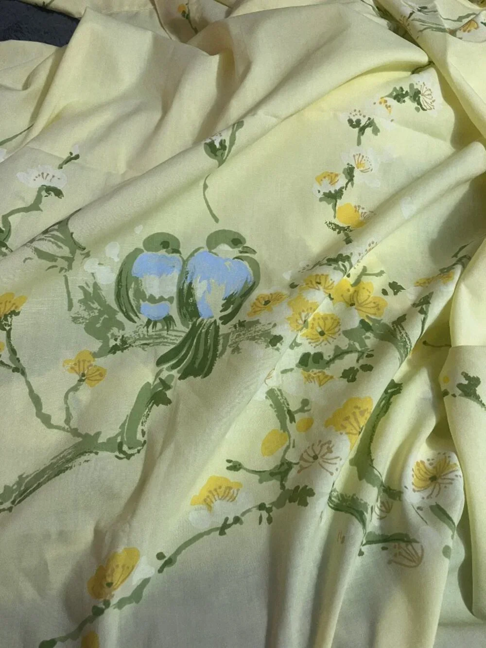 Vintage 1960s Springmaid Yellow Bird & Floral Print Bed Sheet for Double Bed